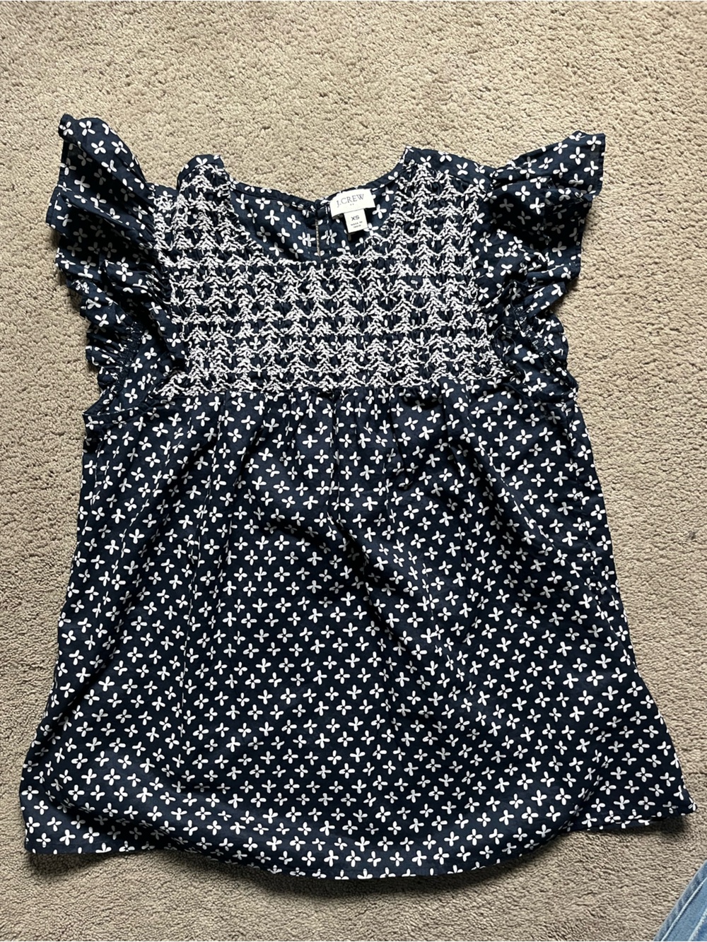 J. Crew Navy & White Smocked Flutter Sleeve Blouse